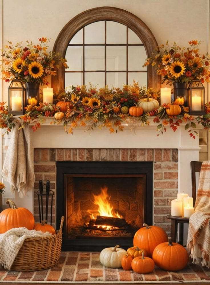 Stone fireplace, wooden mantle, autumn wreath, illuminated garland, soft warm lighting