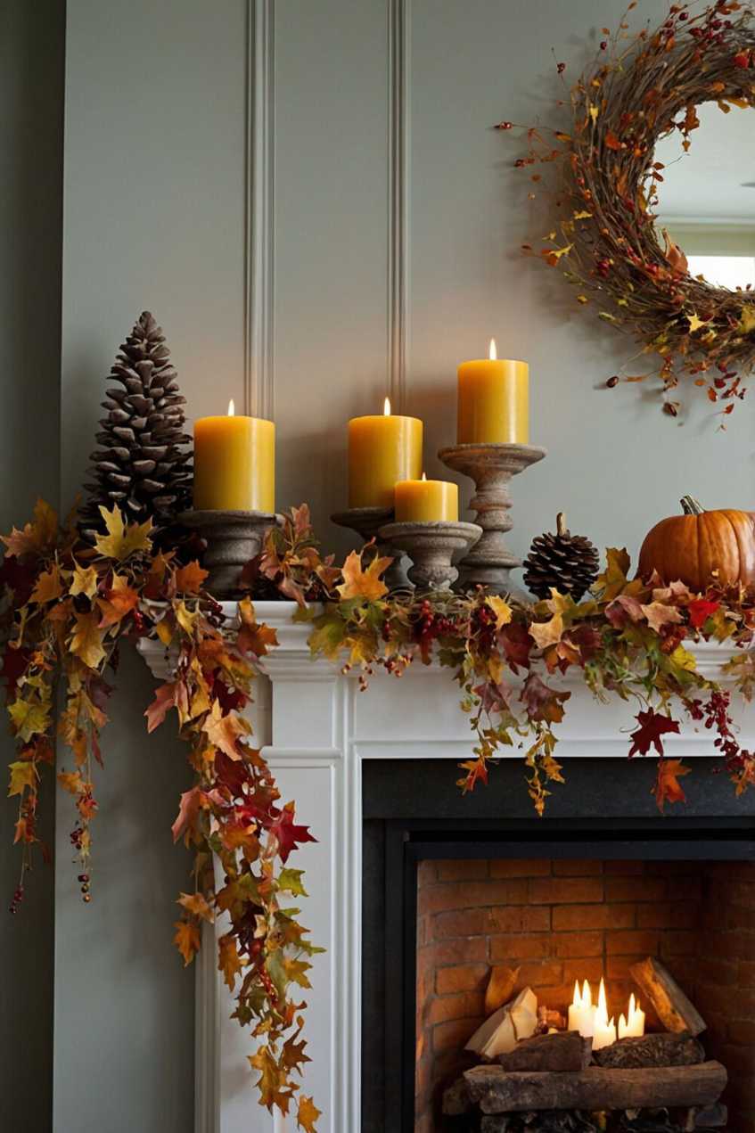Modern mantle, tall mustard‑yellow candles, pine cones, autumn leaf garland, bright natural light