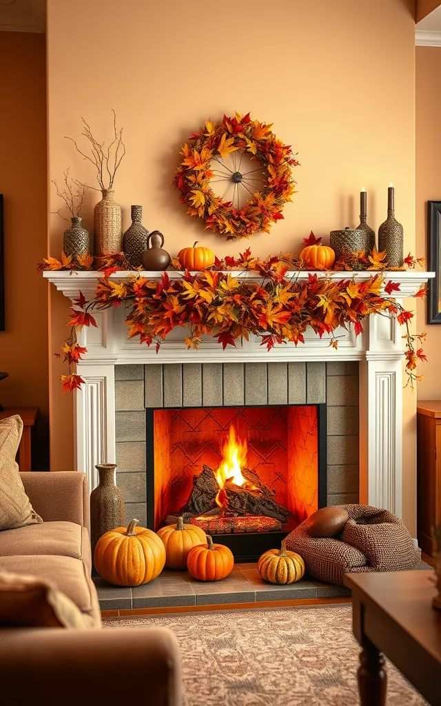 Living room mantle, colorful leaf garland, orange pumpkins, multicolored string lights, cozy atmosphere
