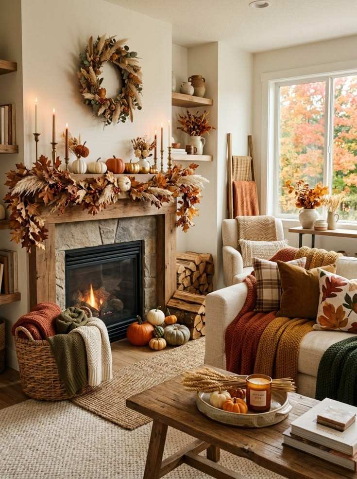 Cozy living room, stone fireplace mantle, large autumn wreath, soft lighting, comfortable seating
