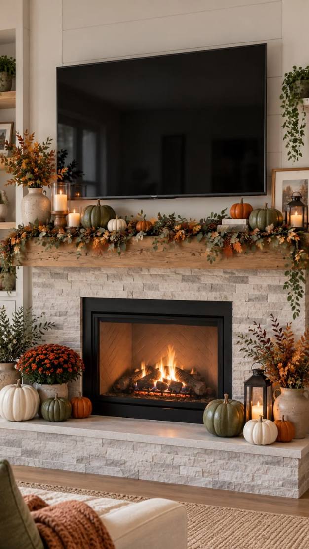 White brick mantle, eucalyptus garland, emerald green pumpkins, natural light, modern décor