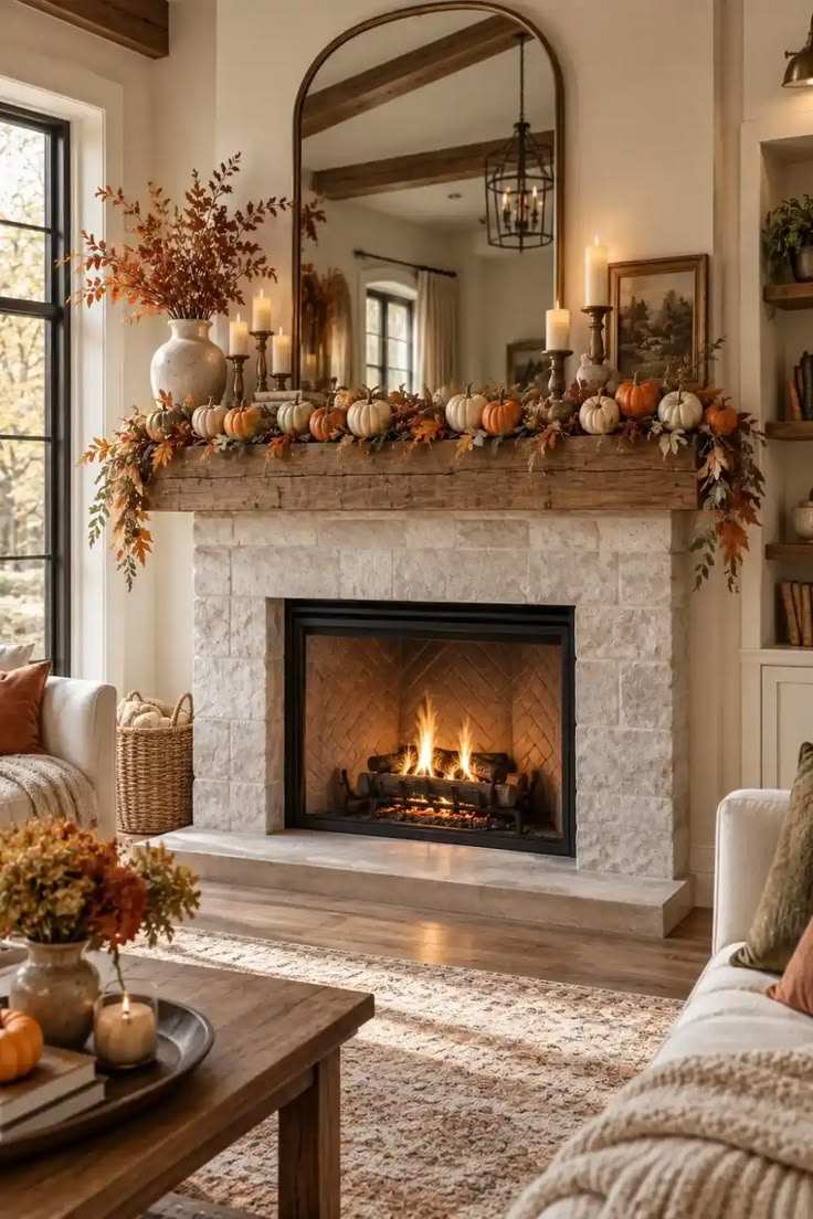 White brick mantle, decorative mirror, vibrant pumpkin garland, soft ambient lighting, modern living area