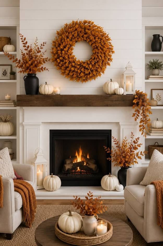 White mantel, bright orange leaf wreath, assorted pumpkins, soft warm lighting, contemporary décor