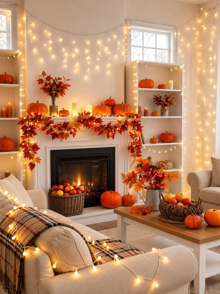 White mantle, cascading string lights, pumpkin centerpiece, soft ambient lighting, modern interior