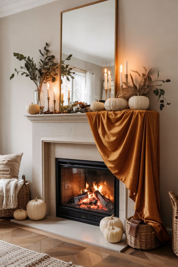 White mantle, gold‑framed mirror, pristine white pumpkins, soft natural light, elegant décor