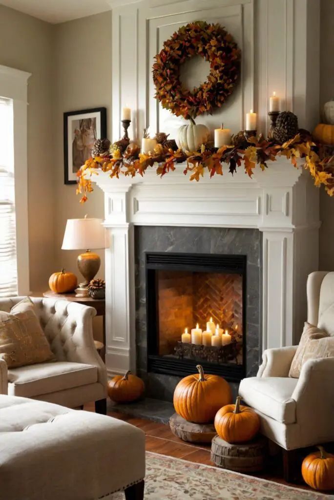 White stone mantle, wooden “Harvest” sign, multicolored leaf garland, soft warm lighting, farmhouse style