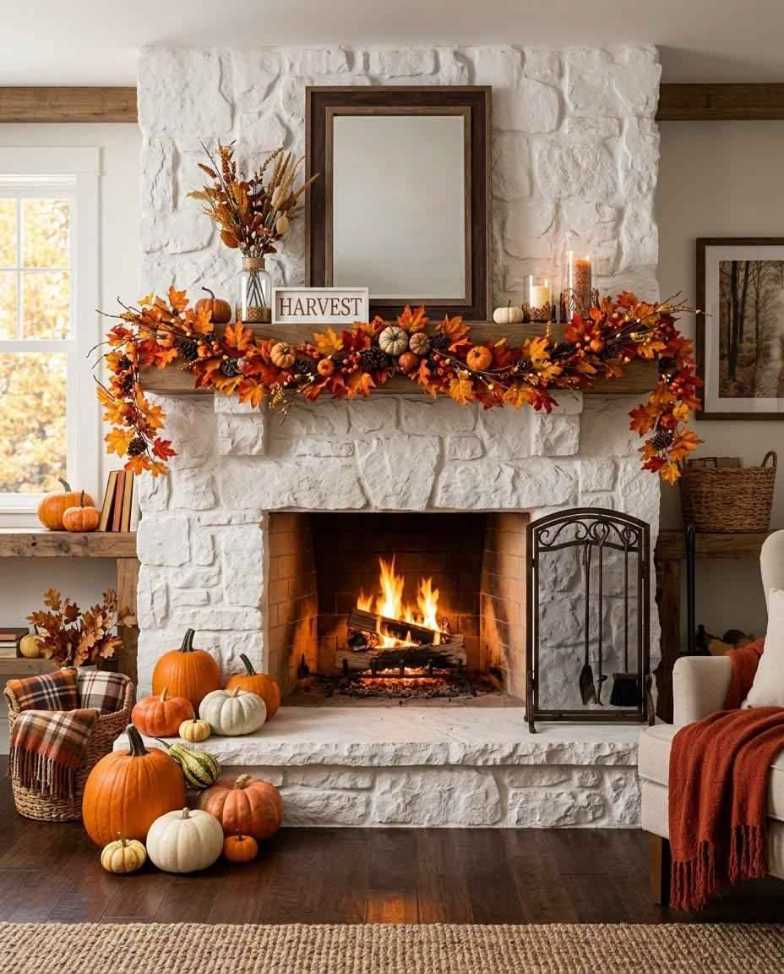 White stone mantle, wooden “Harvest” sign, classic fall leaf garland, soft ambient lighting, elegant décor