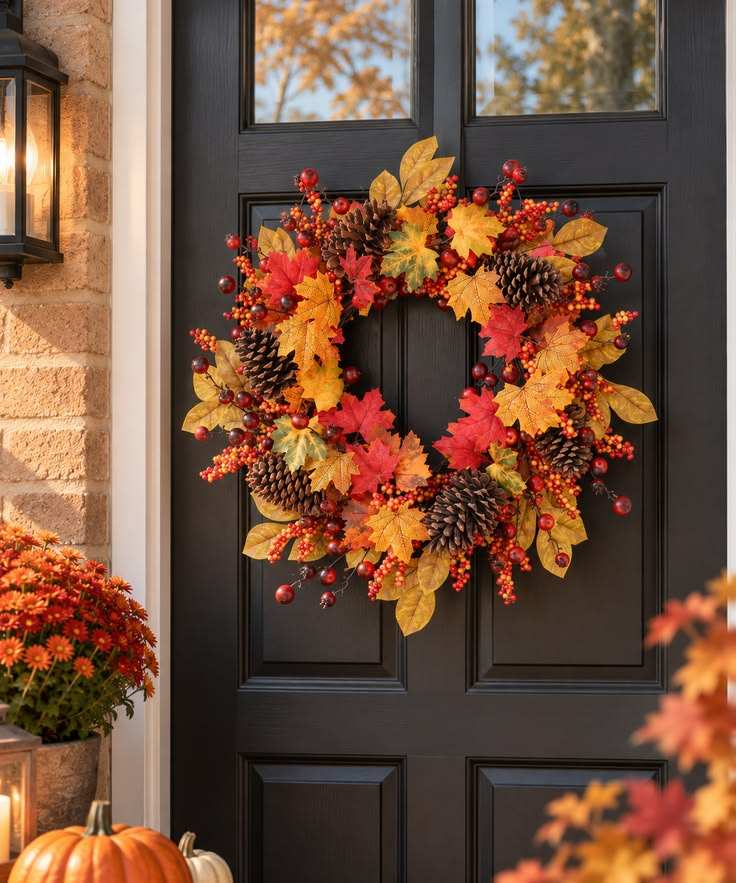 Black front door, mixed leaf wreath, pinecones, matte black hardware, soft morning light