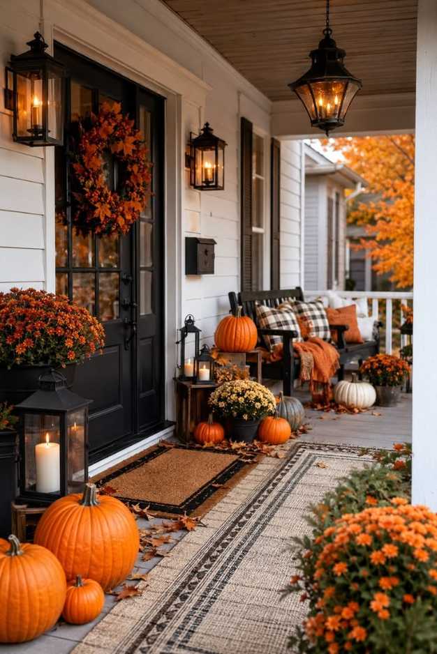 Black front door, fall wreath, wooden bench, patterned pillows, natural light, indoor entryway