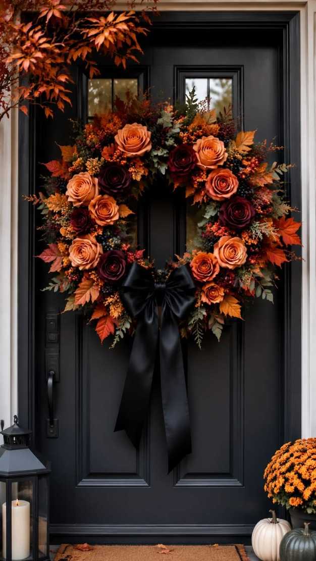 Black front door, black satin bow, fall wreath, dark metal hook, evening lighting