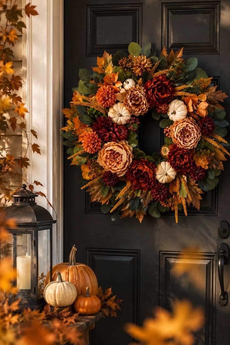 Black front door, mixed fall flowers, eucalyptus, gold spray paint, soft daylight, indoor entry
