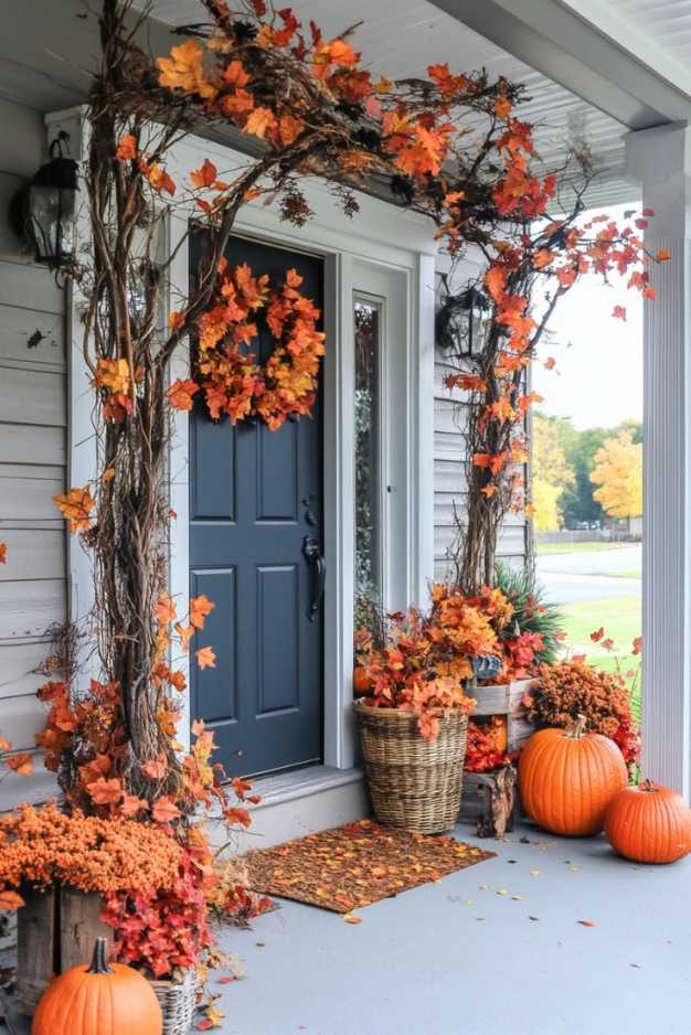 Blue front door, fall leaf garland, woven baskets, amber lighting, indoor hallway