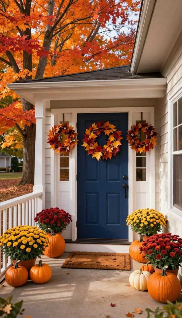 Blue front door, leaf wreath, yellow chrysanthemums, natural daylight, indoor entryway