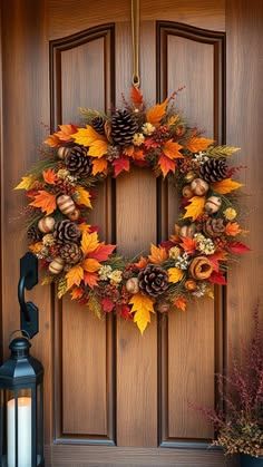 Front door, classic leaf wreath, pinecones, natural wood frame, soft morning light
