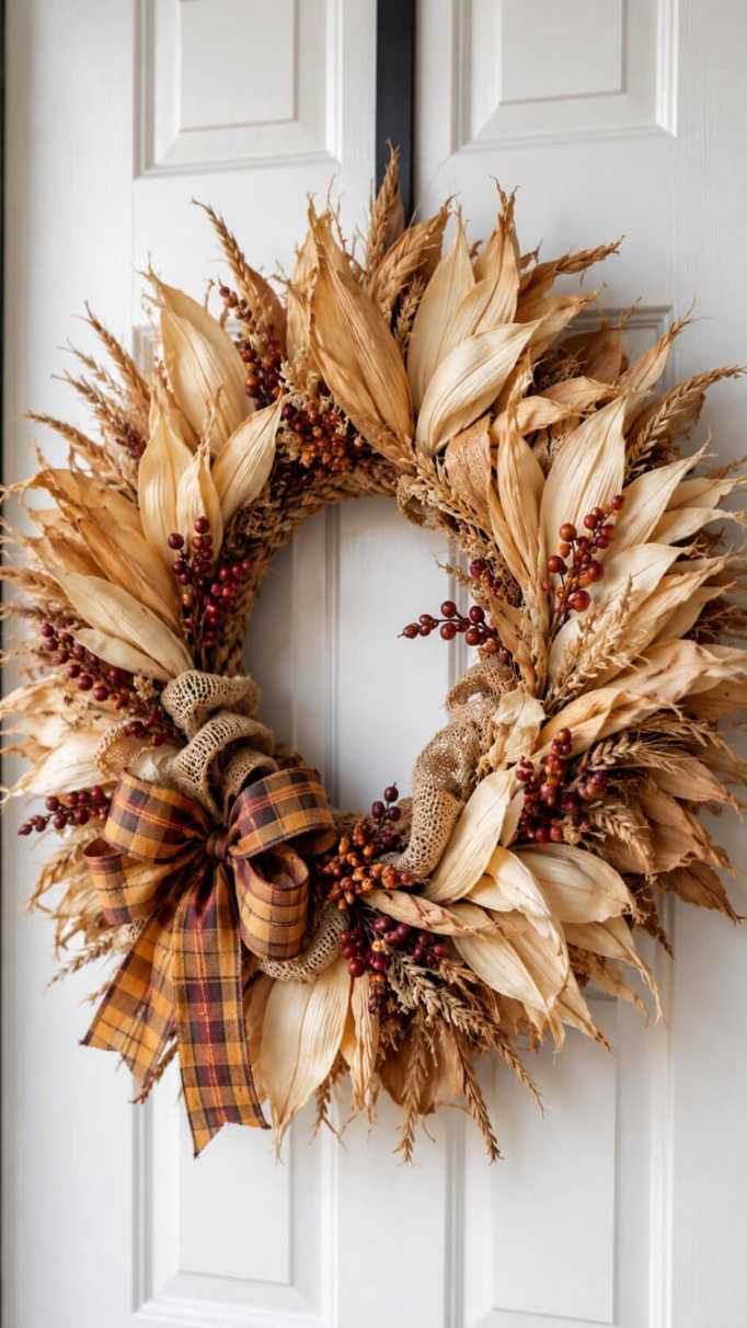 Front door, dried corn husk wreath, red plaid bow, farmhouse lighting, natural textures