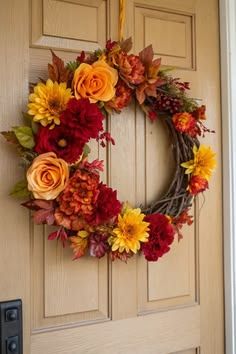Wooden front door, mixed fall florals, burlap ribbon, soft indoor lighting, rustic entryway