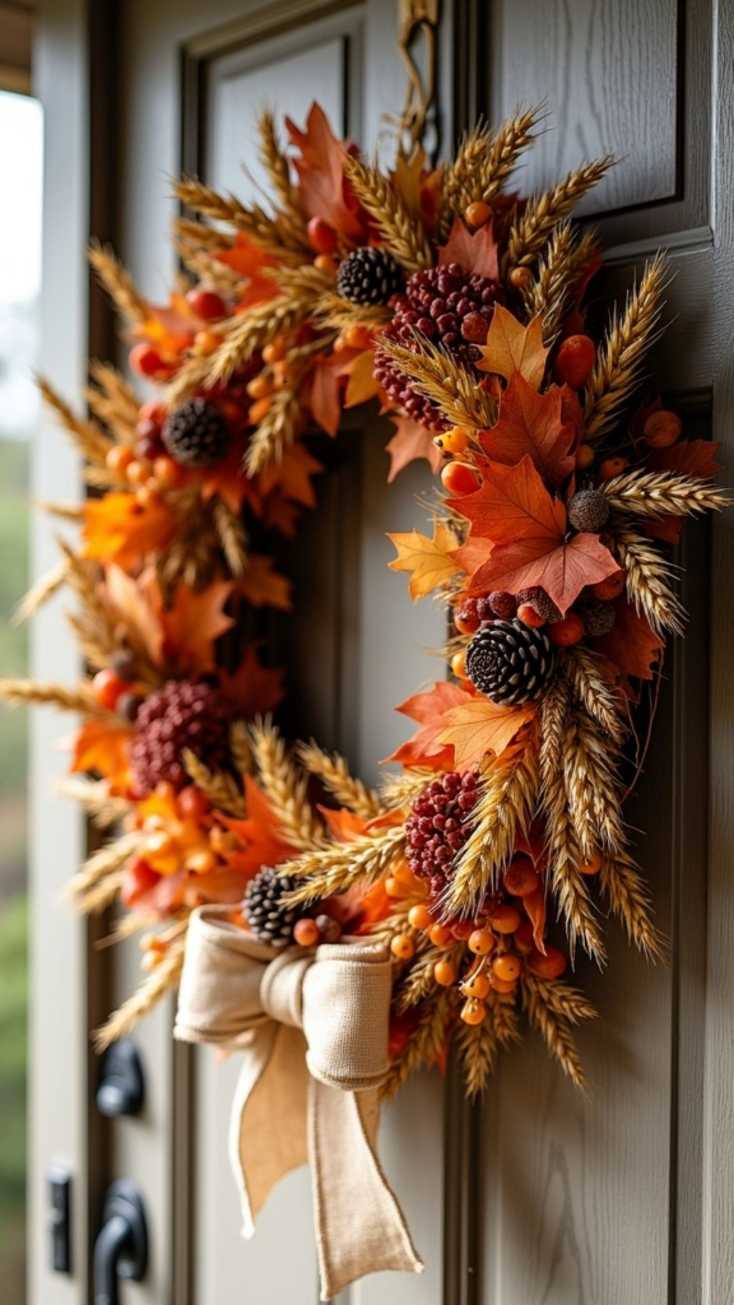 Front door, wheat stalk wreath, pinecones, natural light, rustic wooden frame