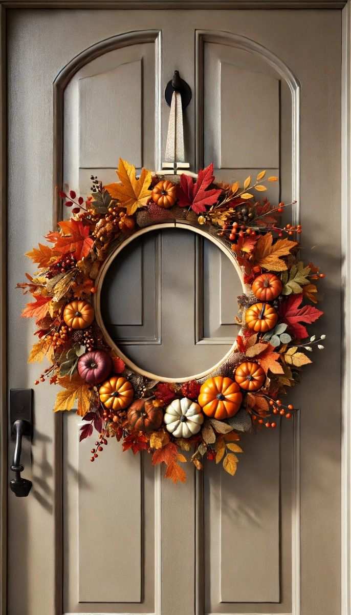 Front door, mini pumpkin wreath, metal hoop, fall leaf accents, soft evening light