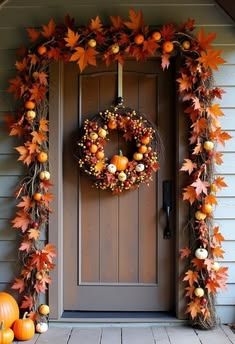 Front door, cascading leaf garland, circular wreath, natural daylight, indoor hallway