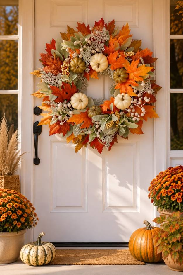 White front door, pumpkin wreath, soft white lighting, rustic wooden hook, autumn décor