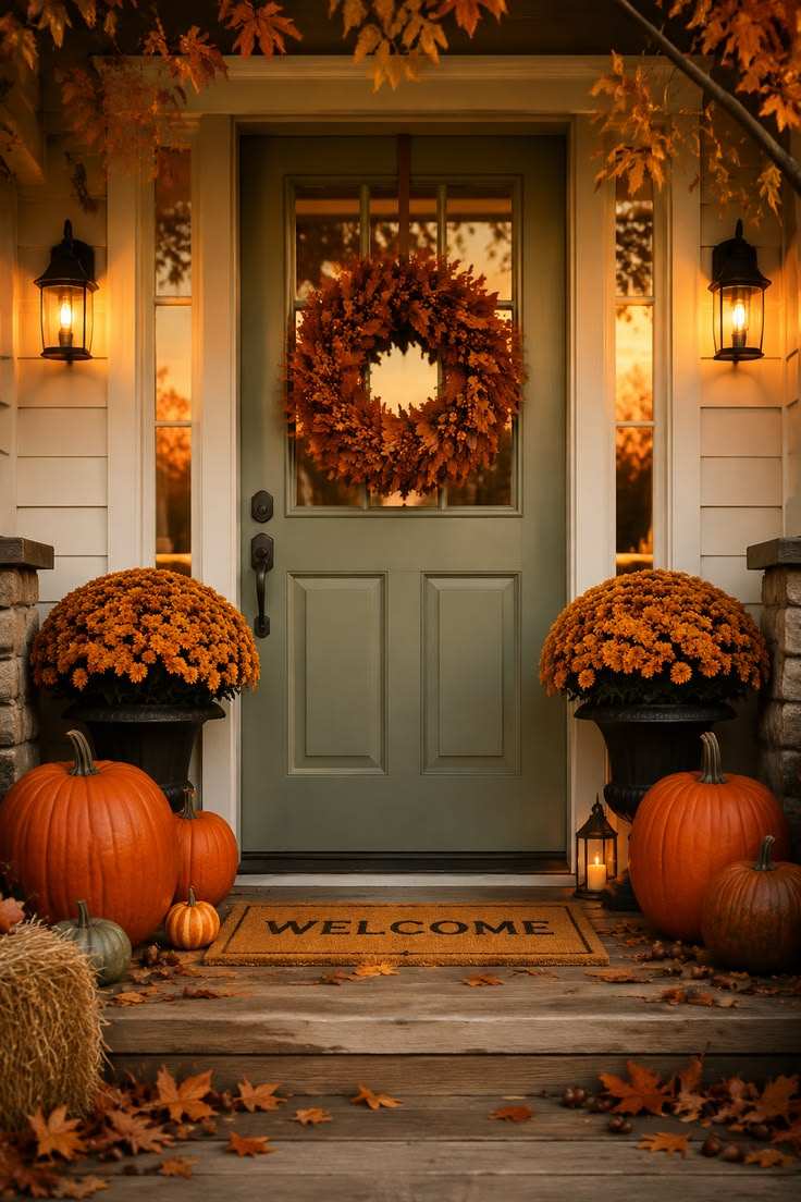 Front door, fall wreath, ceramic urns, mini pumpkins, warm indoor lighting, rustic entry