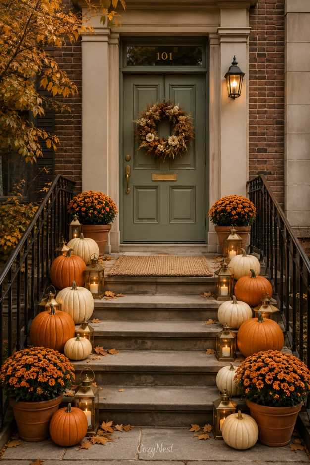 Front door, stair railing, pumpkin clusters, yellow mums, fall wreath, natural daylight