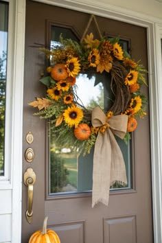 Front door, sunflower wreath, burlap ribbon bow, soft evening light, rustic entryway