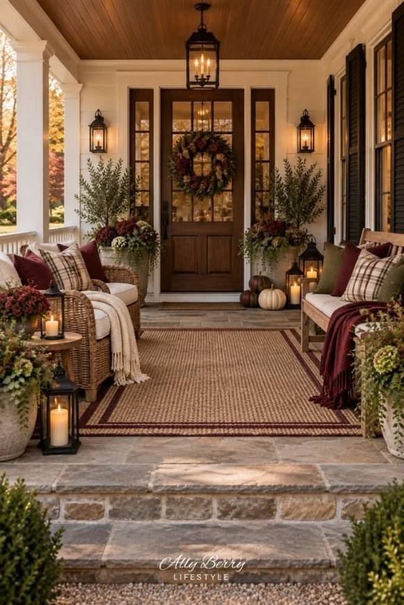 Front porch seating, wicker chairs, fall planters, woven wreath, ambient lighting, cozy nook