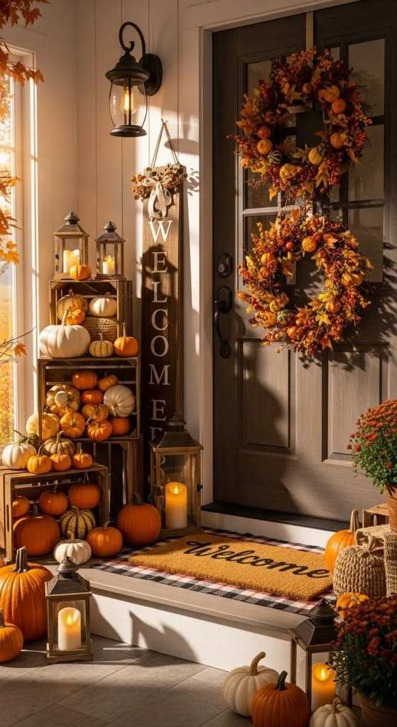 Front porch, wooden door, welcome sign, pumpkin wreath, natural fiber rope, golden hour light