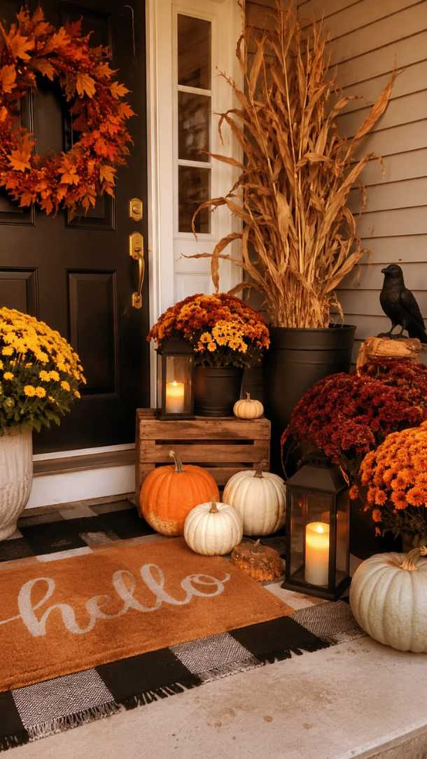 Front porch, black wooden crate, raven figurine, mixed fall foliage wreath, dusk lighting