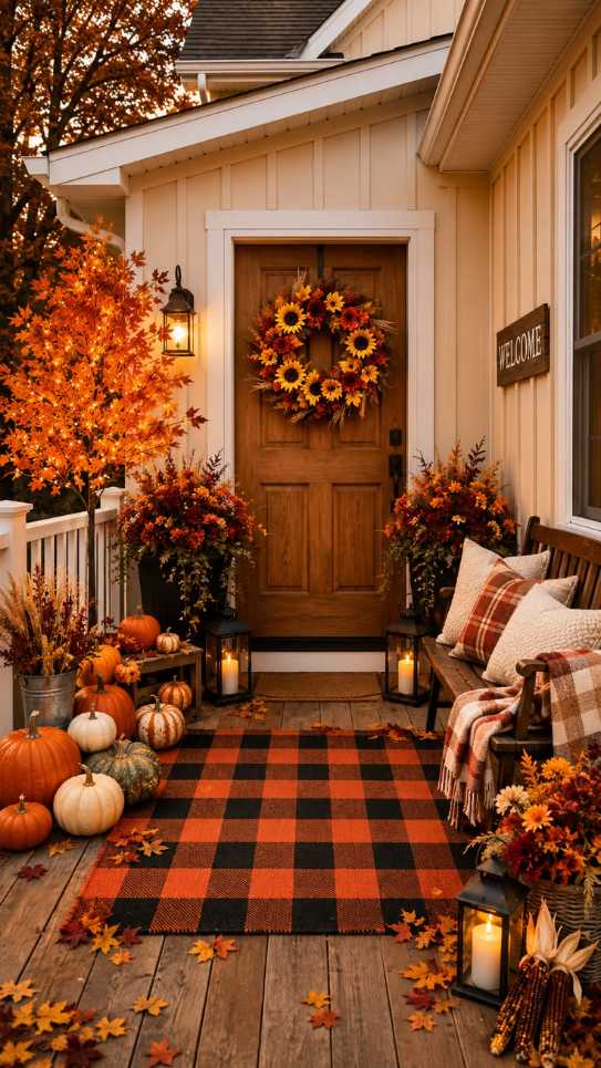 Front porch, buffalo check rug, LED-lit artificial tree, woven wreath, warm indoor lighting