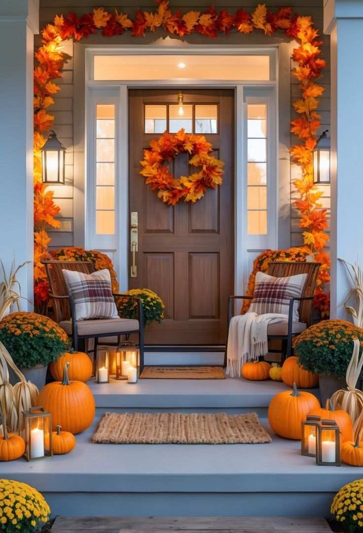 Front porch, wooden railing, fall leaf garland, circular wreath, natural daylight, woven basket