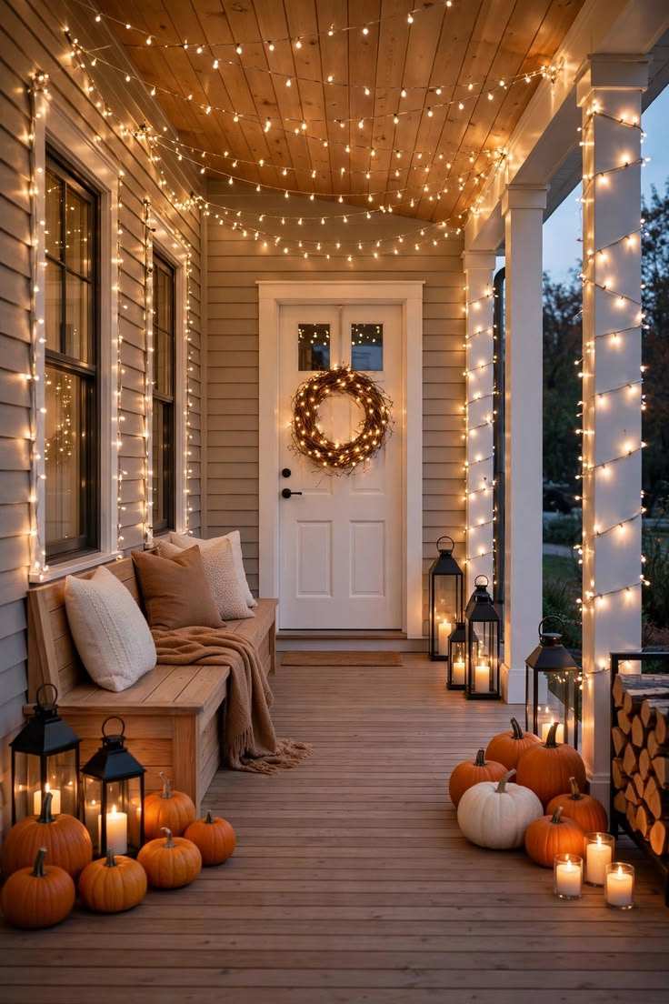 Front porch, string lights, pumpkin wreath, wooden door, warm white illumination, dusk ambience