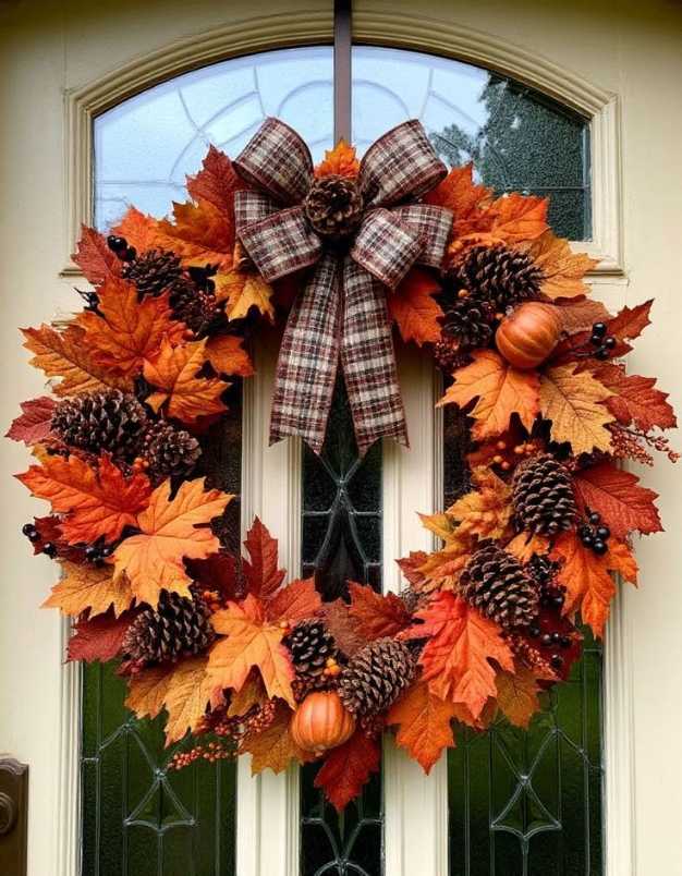Glass front door, leaf wreath, red plaid bow, natural light, modern entryway