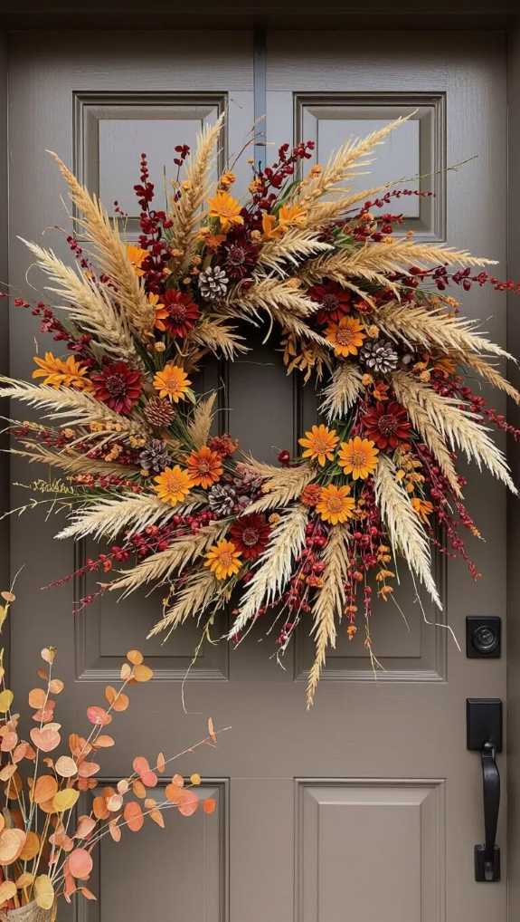 Gray front door, wheat stalk wreath, mixed florals, soft indoor lighting, contemporary entry