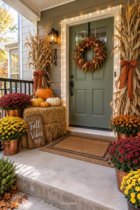 Green front door, fall wreath, corn stalks, natural daylight, rustic entryway