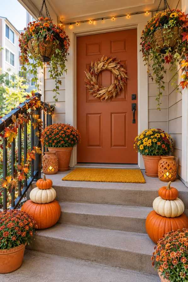 Orange front door, wheat wreath, orange pumpkins, stair railing, warm lighting, festive entry