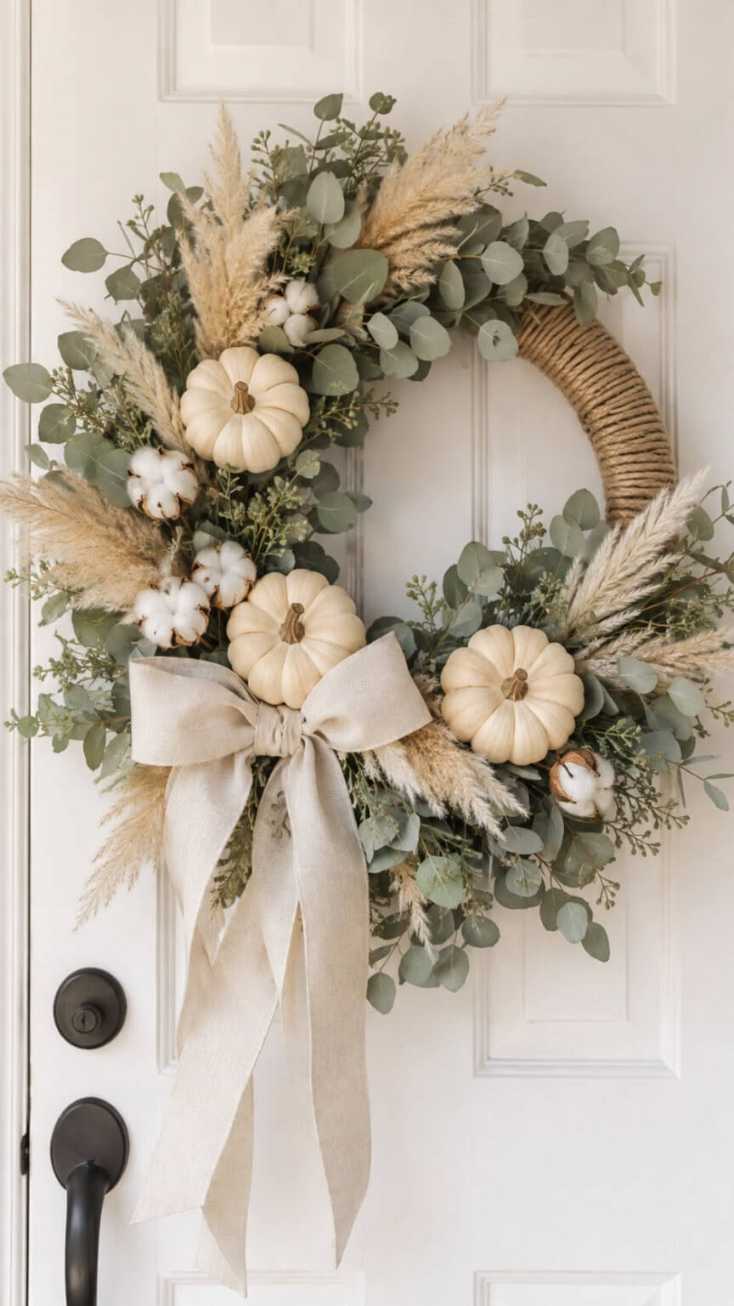 White front door, eucalyptus wreath, white cotton branches, soft daylight, minimalist entry