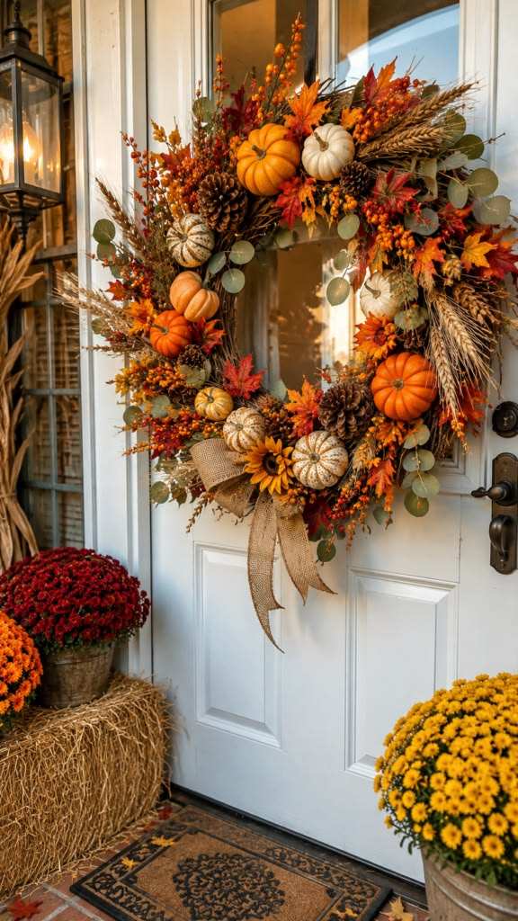 White front door, large orange pumpkin, sunflower wreath, natural light, rustic charm