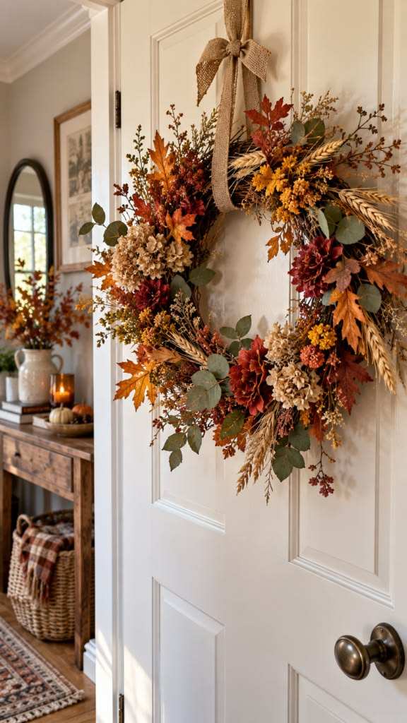 White interior door, mixed fall florals, burlap ribbon, soft indoor lighting, cozy hallway