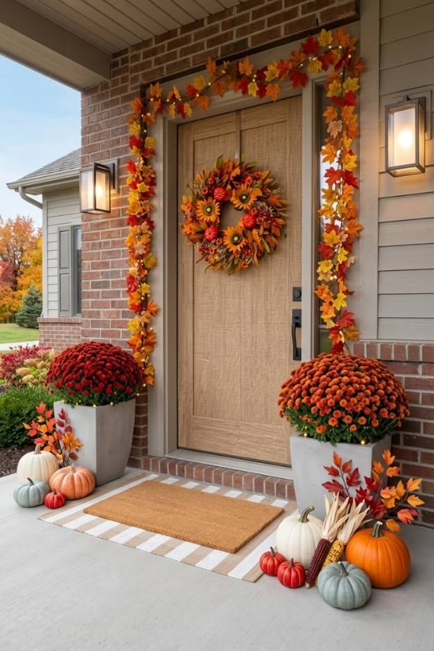 Wooden front door, sunflower wreath, small pumpkin accents, natural daylight, farmhouse entry