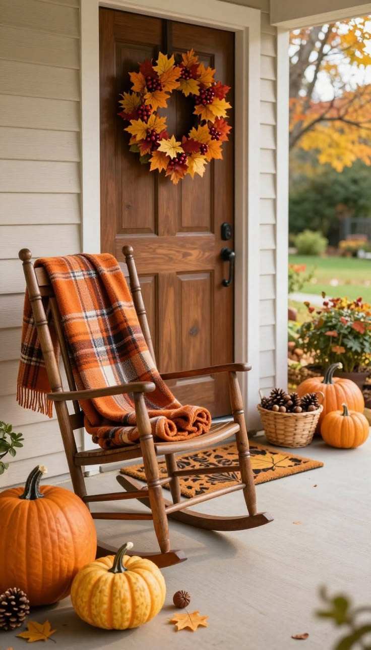 Wooden front door, fall wreath, vintage rocking chair, soft evening light, welcoming entry