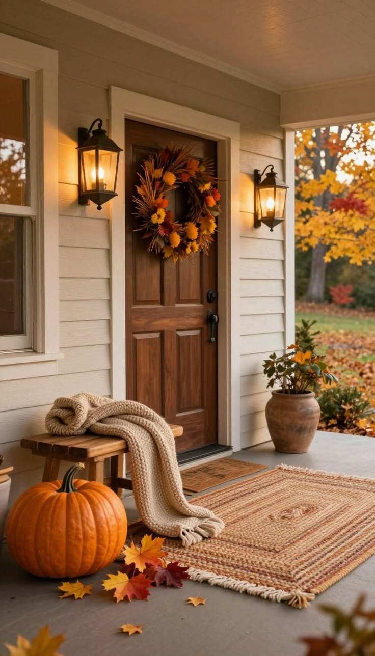 Wooden front door, traditional fall wreath, orange pumpkins, natural daylight, rustic entrance