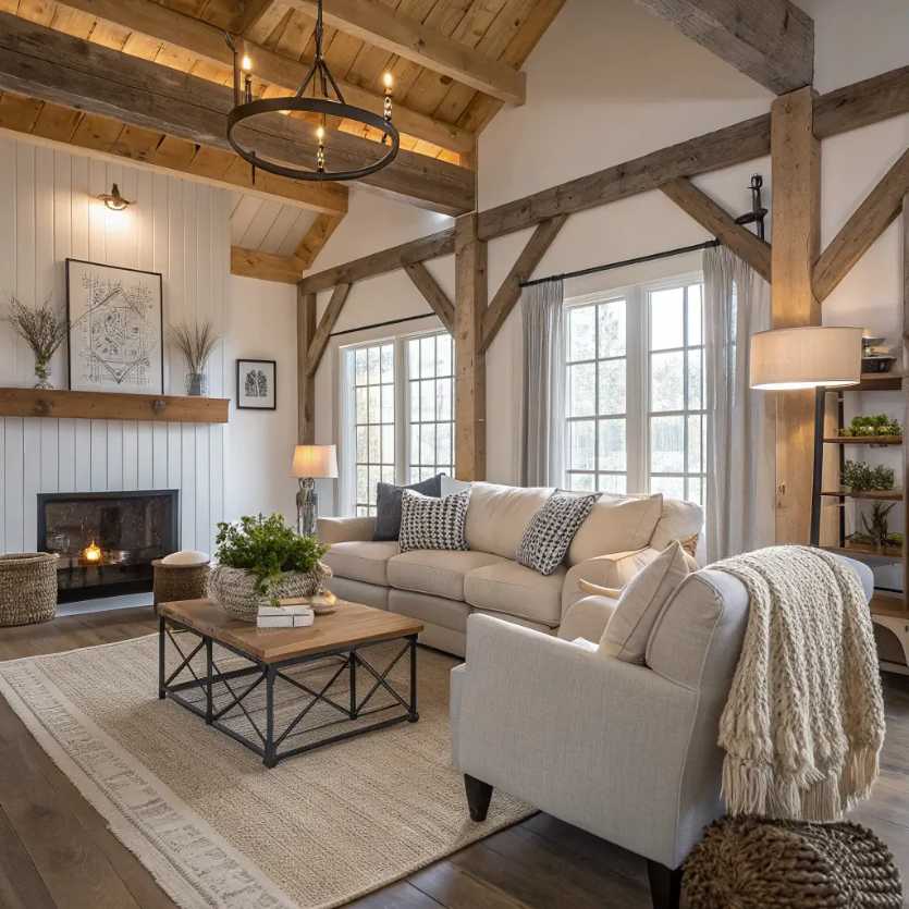 Living room featuring a central timber beam, wooden post, plush sofa, warm lighting.