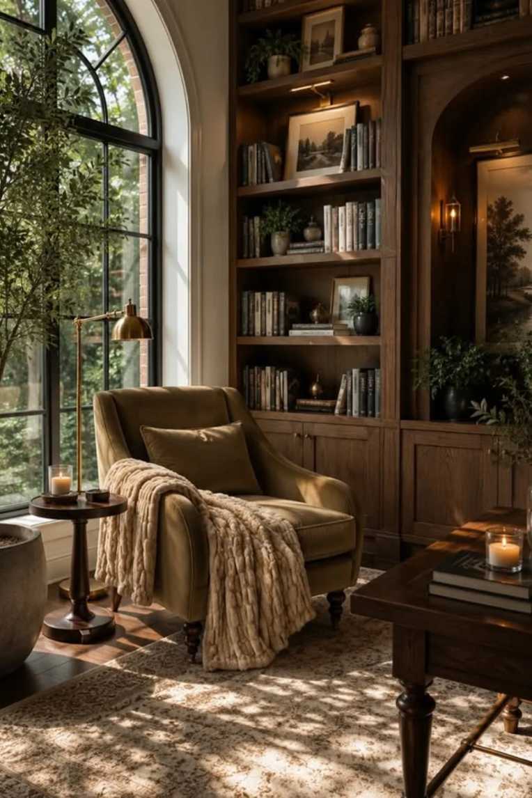 Dark walnut armchair, built‑in dark wood bookshelves, brass reading lamp, deep burgundy rug, warm lighting.
