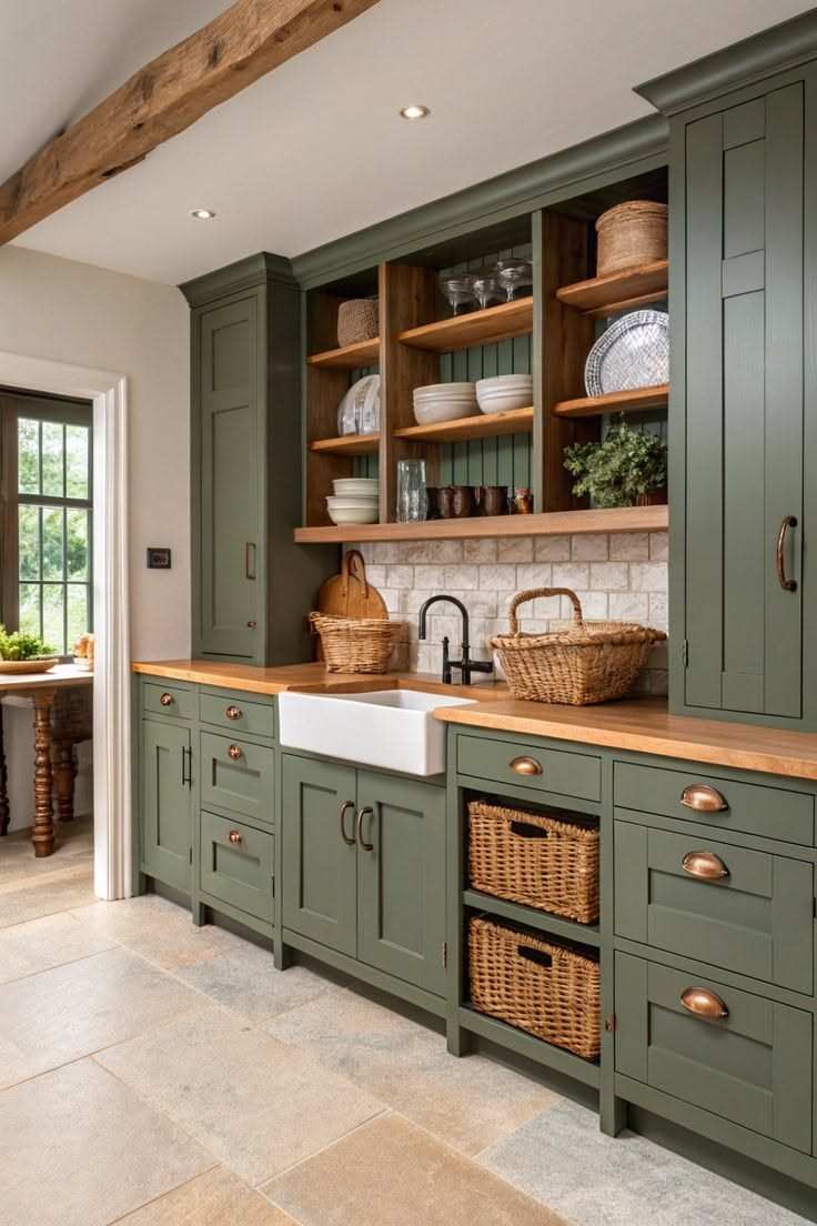 Olive green English country cabinets, wicker baskets, vintage lighting, floral curtains.
