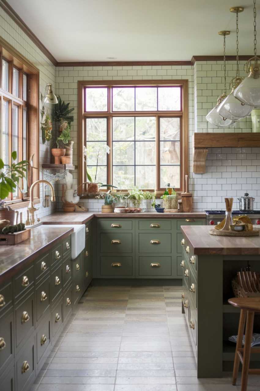 Olive green traditional cabinets, wood trim, large window, classic crown molding.