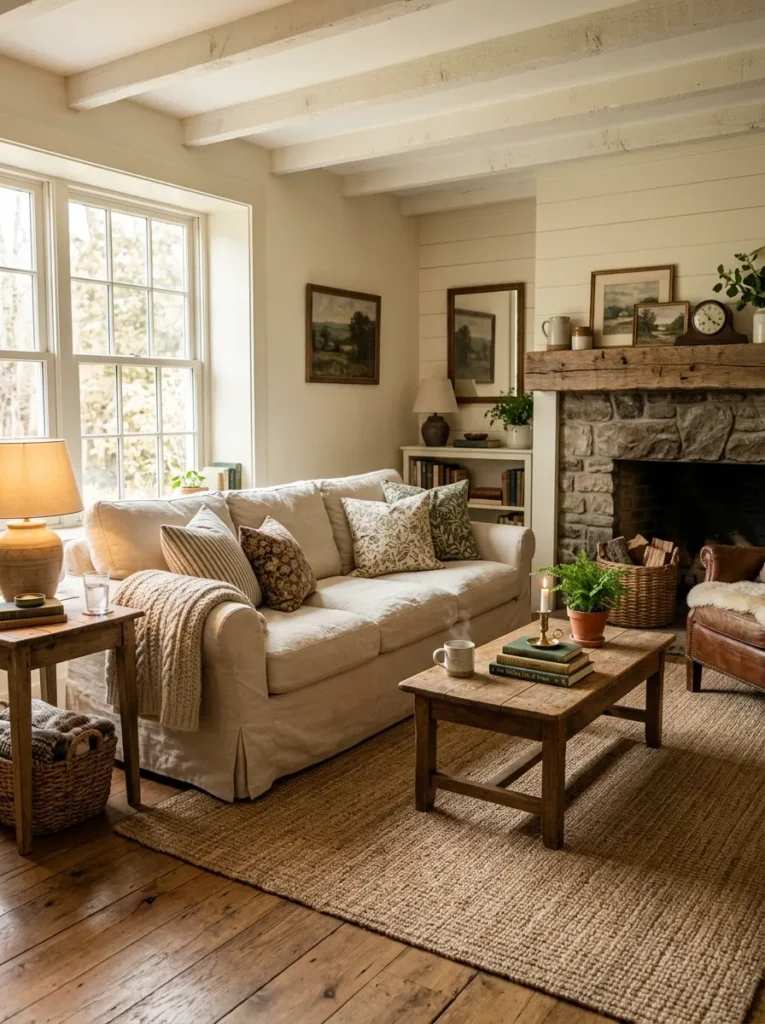 Living room with classic stone fireplace, overstuffed sofa, soft rug, warm ambient lighting.