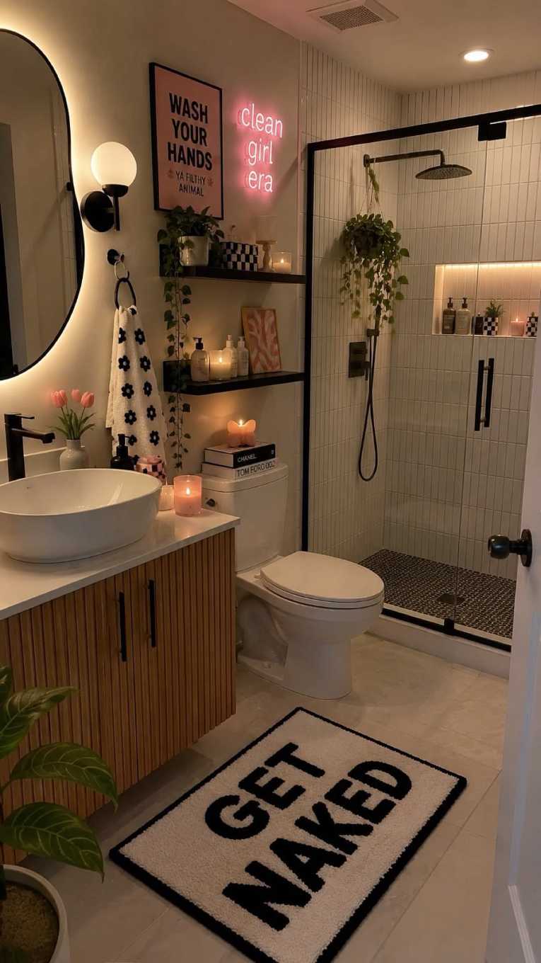 Minimalist bathroom showcasing white marble tiles, a floating vanity, pastel pink accessories, and soft natural lighting.