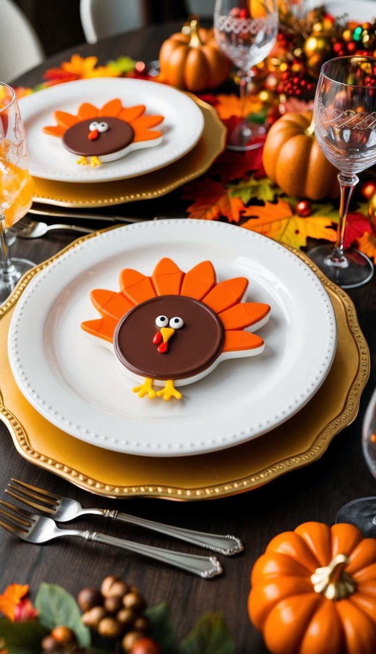 Hand‑decorated turkey sugar cookies with guest names, rustic platter, soft natural lighting, festive detail
